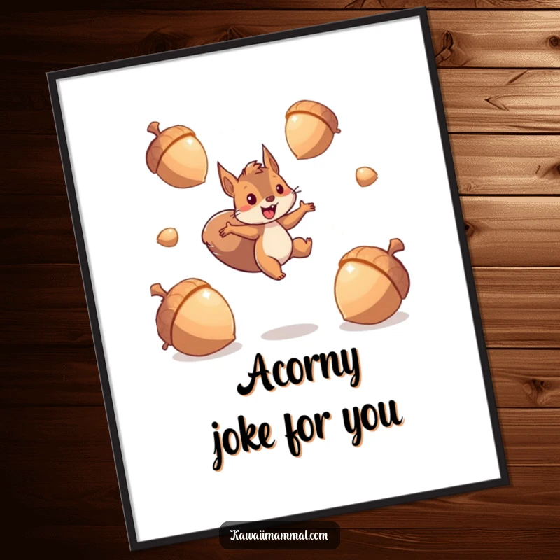 Funny Free Printable Wall Art: Energetic squirrel character energetically leaping between giant, sparkling acorns with sheer delight.