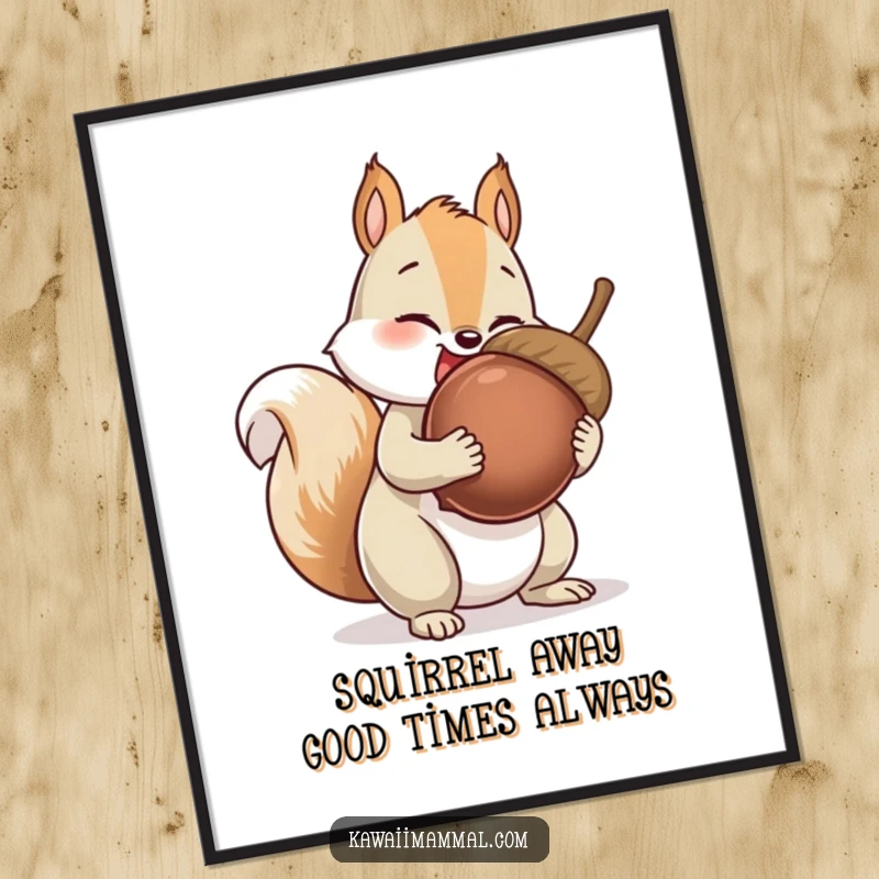 Funny Free Printable Wall Art: Giggling squirrel character collecting an impossibly large acorn, creating whimsical, quirky decor.
