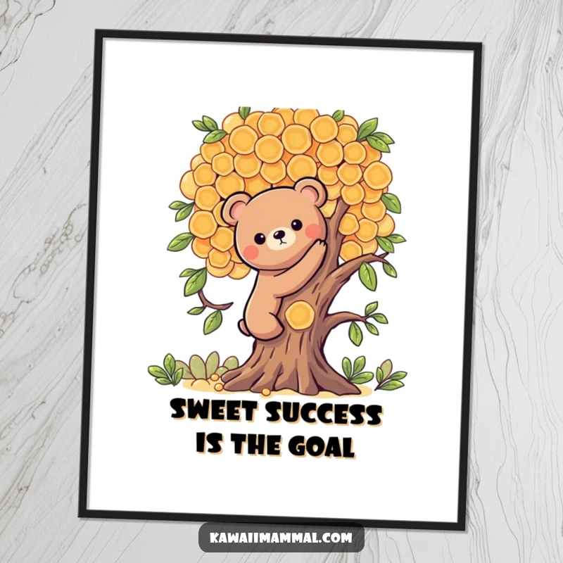 Funny Free Printable Wall Art: a cute Kawaii bear diligently climbing a large tree made entirely of honeycombs.