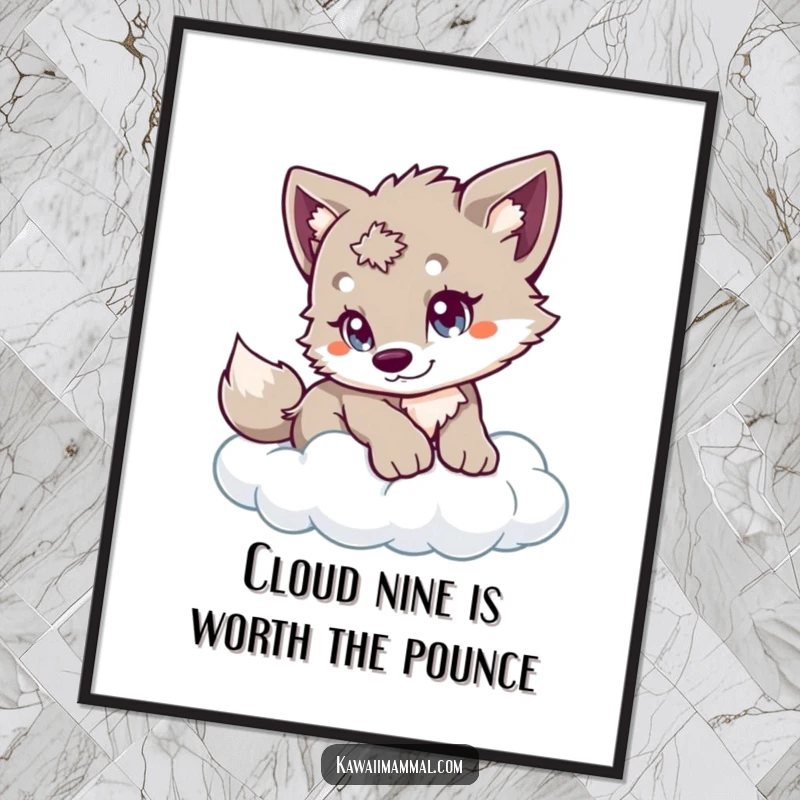 Funny Free Printable Wall Art: A cute wolf cub with happy eyes, preparing to pounce on a soft, fluffy cloud.