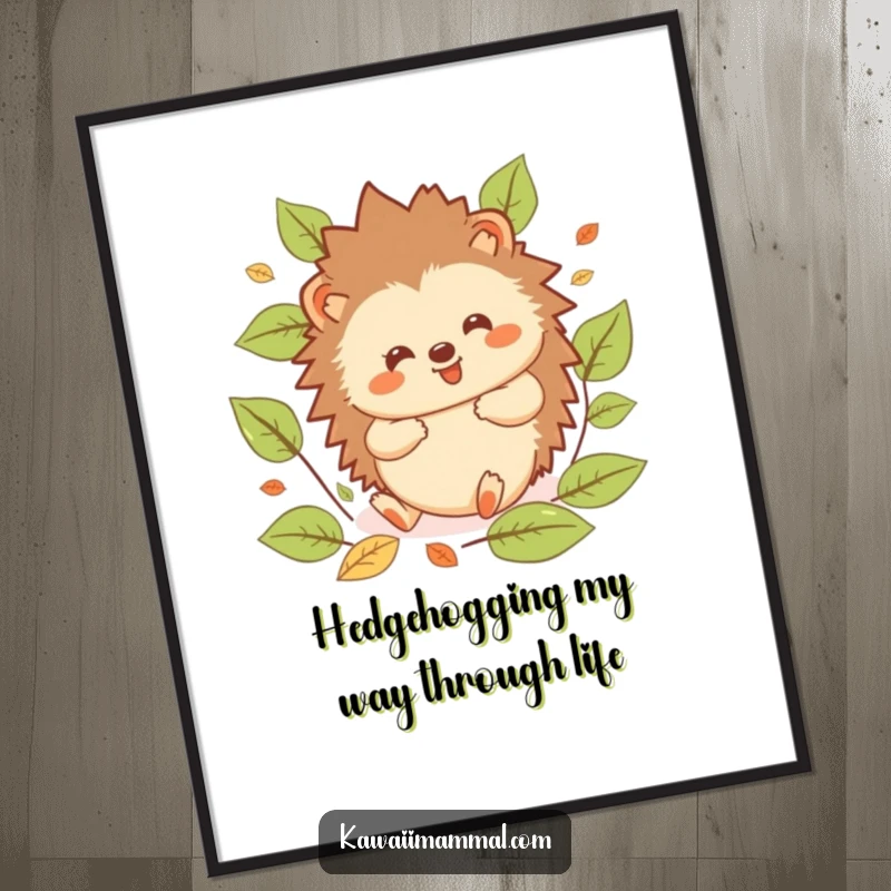 Funny Free Printable Wall Art of a kawaii hedgehog rolling with pure glee amidst colorful leaves, creating cheerful decor.