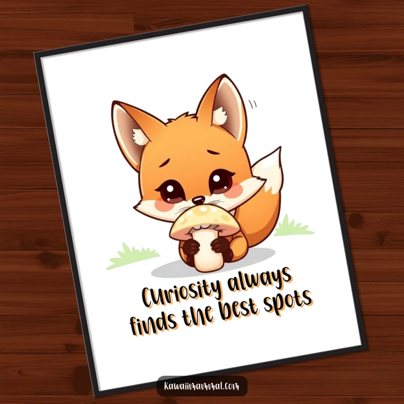 Funny Free Printable Wall Art of a curious fox with wide eyes, sniffing a brightly colored mushroom in wonder.