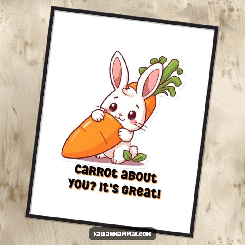 Funny Free Printable Wall Art: Curious Rabbit Peeking Behind Giant Carrot, Adding Whimsical Decor to Walls.