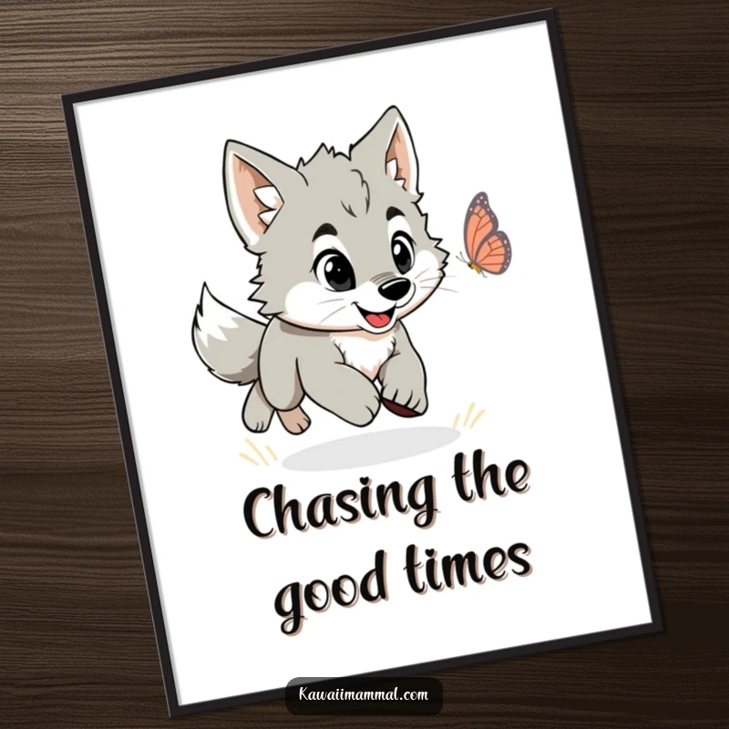Funny Free Printable Wall Art: An energetic wolf puppy enthusiastically chasing a fluttering butterfly, a charming downloadable poster.