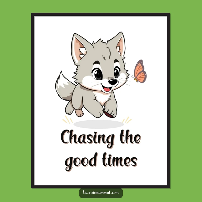 Funny Free Printable Wall Art: Energetic Wolf Puppy Butterfly Chase Poster