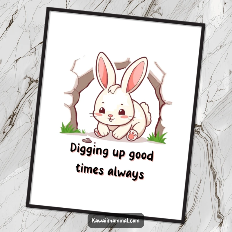 Funny Free Printable Wall Art of a playful rabbit digging an energetic tunnel with its paws, full of motion.