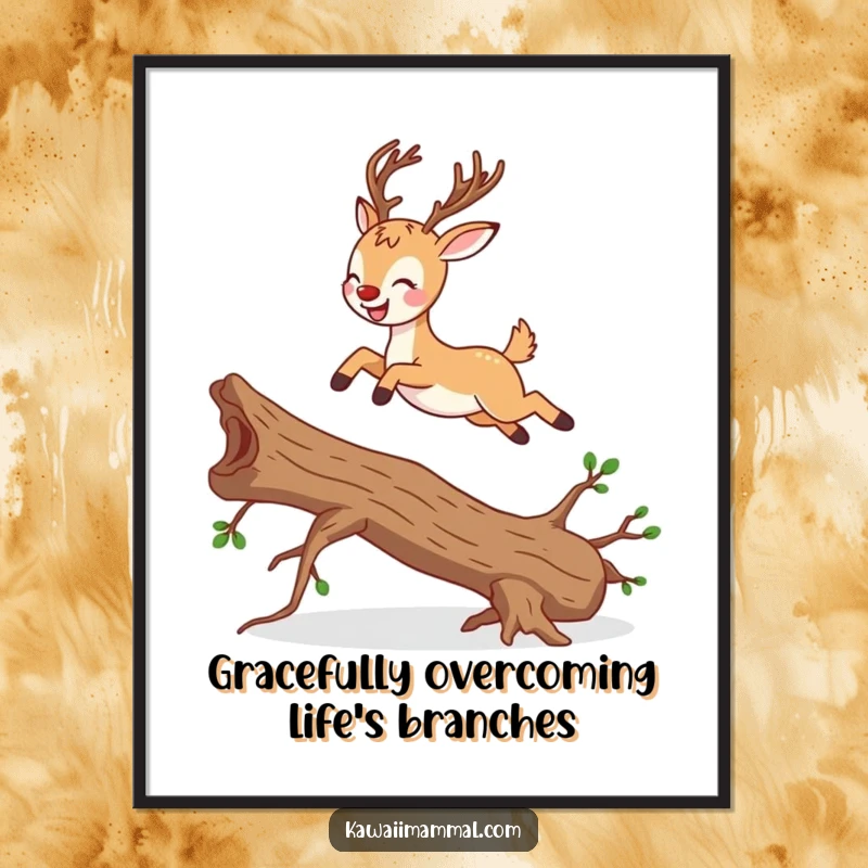 Funny Free Printable Wall Art of a majestic deer leaping joyfully over a fallen branch, embodying freedom and grace.