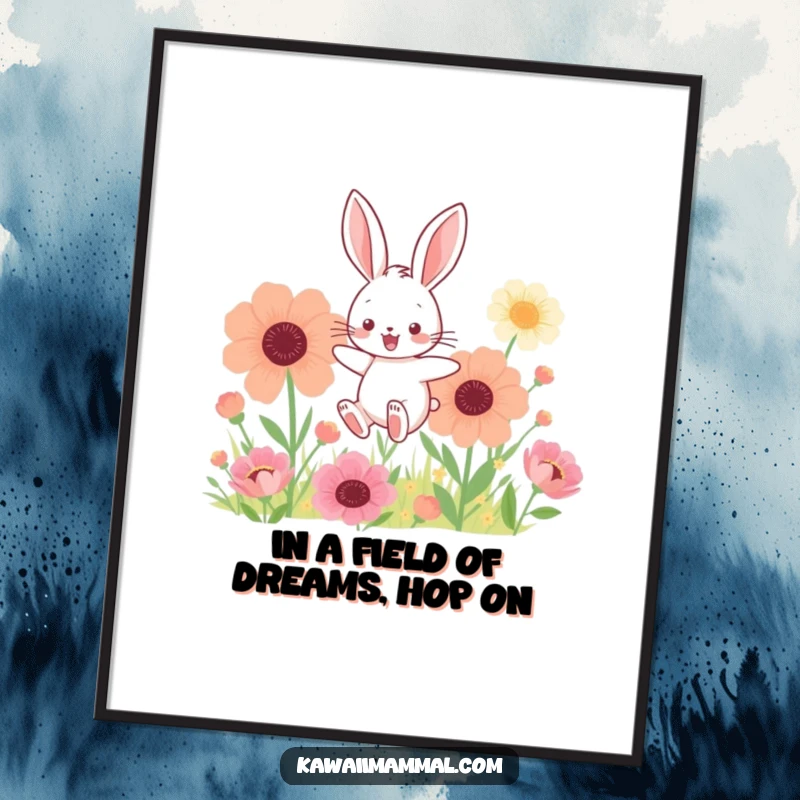 Cute Free Printable Wall Art: A kawaii bunny hopping joyfully through a field filled with gigantic, whimsical flowers.