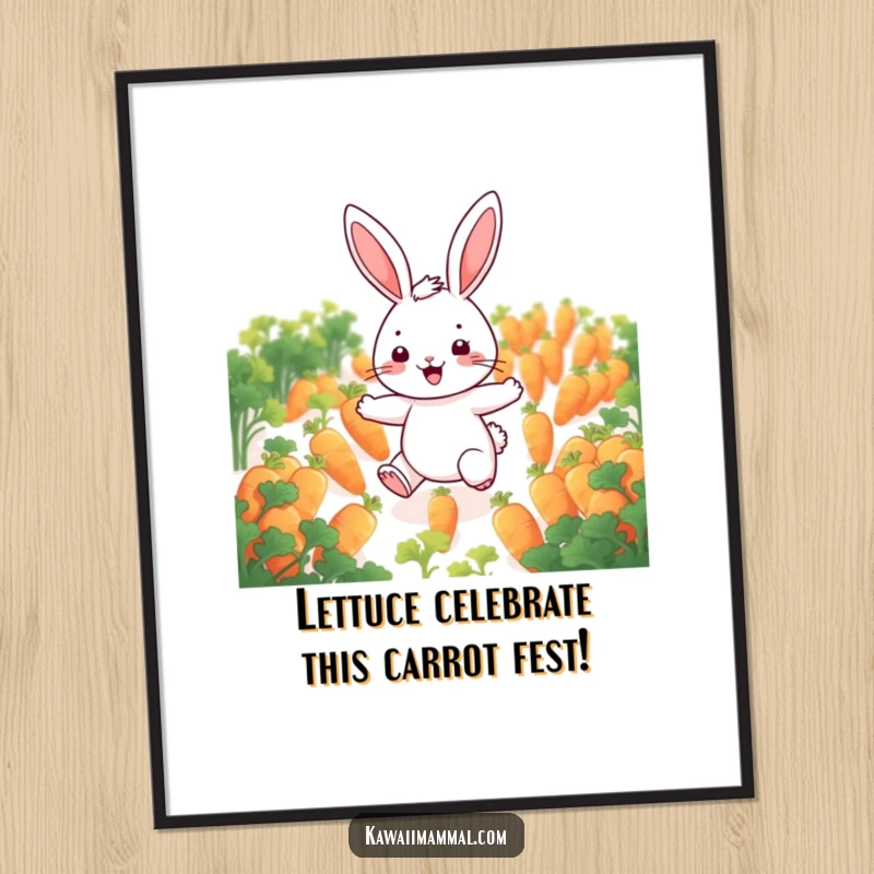 Funny Free Printable Wall Art: Cheerful rabbit character happily hopping through a field of glowing carrots, radiating pure joy.