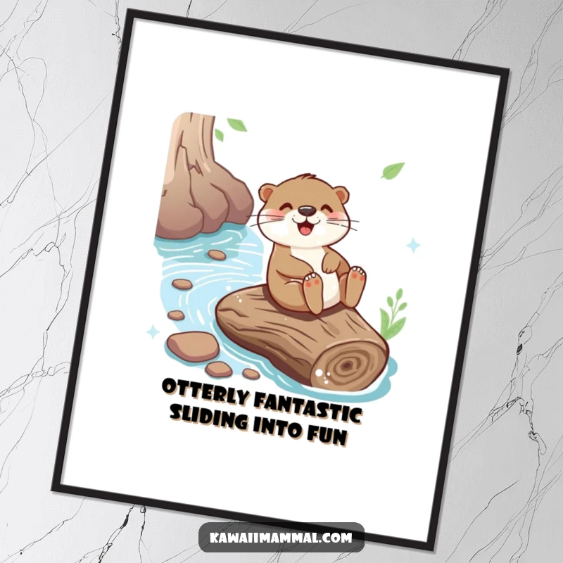 Funny Free Printable Otter Wall Art, a playful otter joyfully sliding down a giant river log, capturing action and fun.