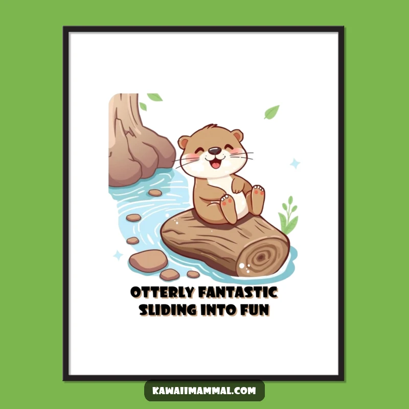 Free Printable Otter Art: Joyful Log Slide Action, Whimsical River Decor, Funny Downloadable Gift