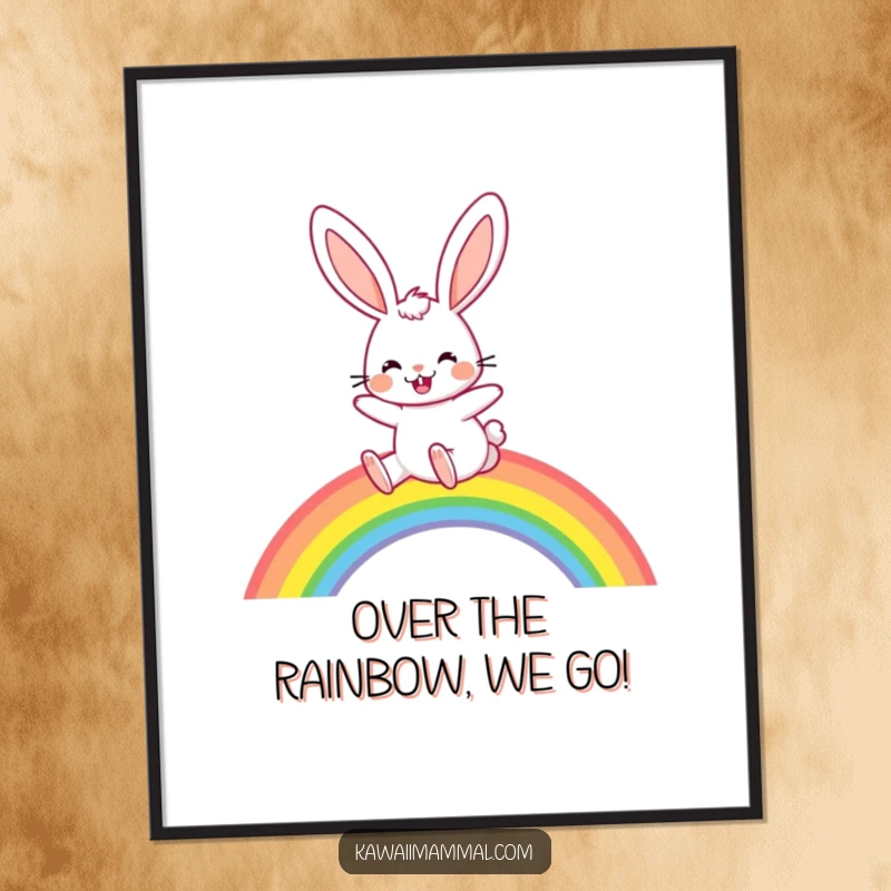 Funny Free Printable Wall Art: A rabbit with floppy ears enthusiastically hops over a vibrant, arcing rainbow. Pure joy.