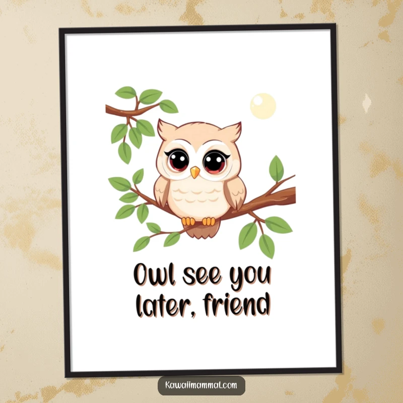 Funny Free Printable Wall Art: A kawaii owl perched on a branch, observing the world with wide, curious eyes.