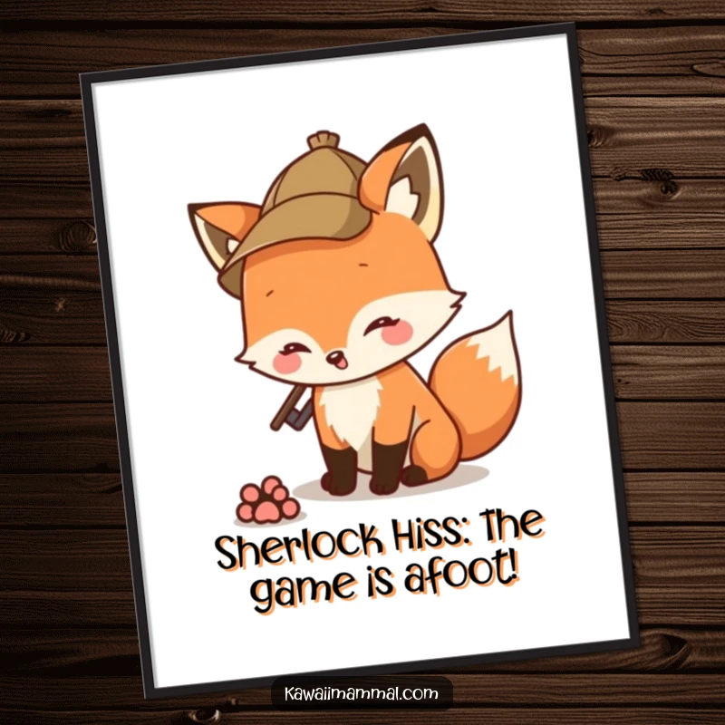 Funny Free Printable Wall Art: Cheerful Detective Fox in Hat Examining a Paw Print, Adding Quirky Decor.