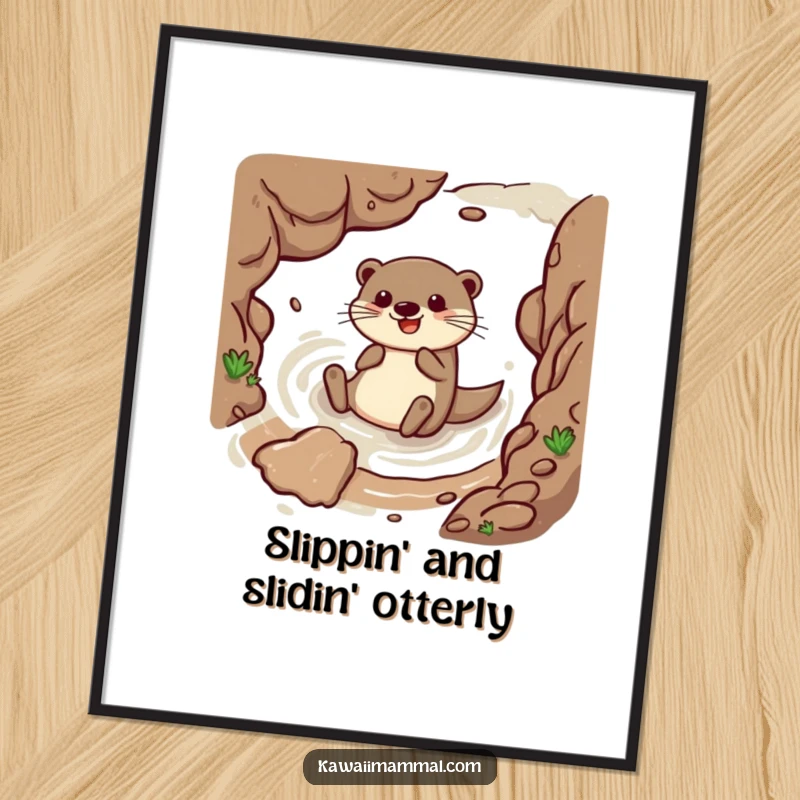 Funny Free Printable Wall Art: Happy otter gleefully sliding down a muddy embankment with pure elation.