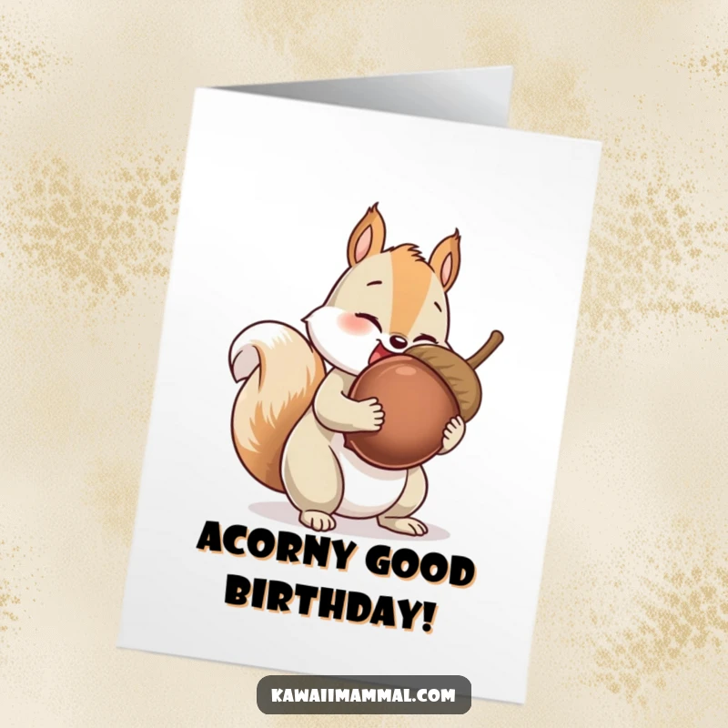 Funny Free Printable Birthday Card: Giggling squirrel character struggling with an impossibly large acorn, ready for birthday fun.
