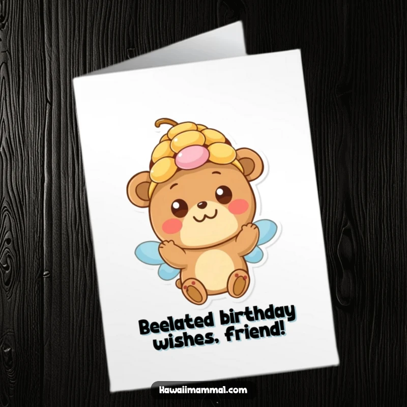 Funny Free Printable Birthday Card: Happy bear hilariously tries to wear a beehive, eyes wide with mischief. DIY downloadable gift.