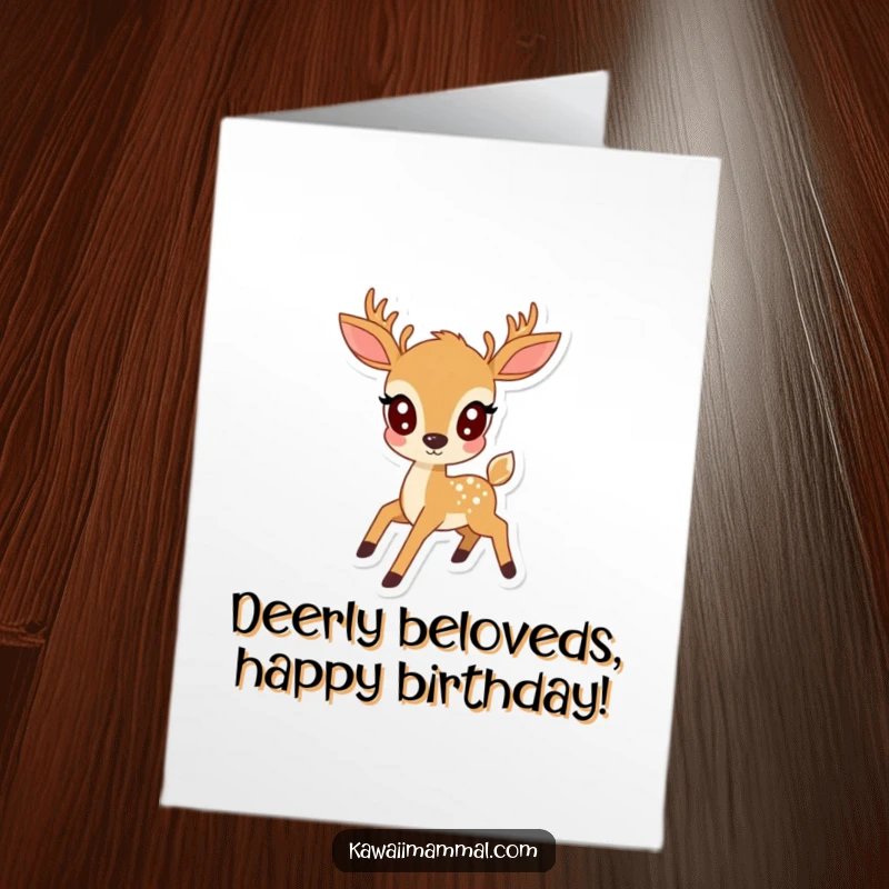 Funny Free Printable Birthday Card: Kawaii deer with wide eyes prancing with joy, ready to deliver birthday cheer.