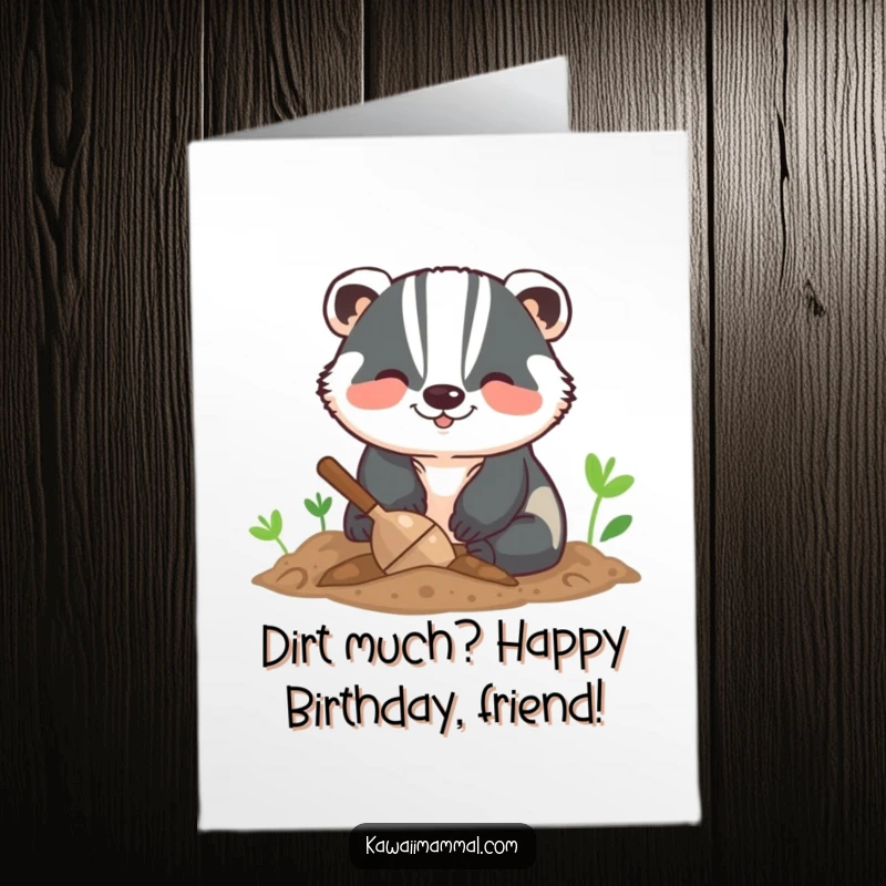 Funny Free Printable birthday card of a smiling badger digging with gusto in soft soil, ready to deliver birthday cheer.