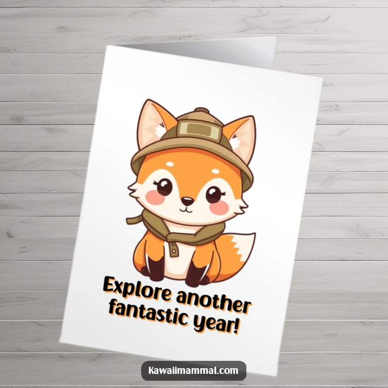 Cute Free Printable Birthday Card: A kawaii fox in an explorer hat, peering curiously, ready for adventure.