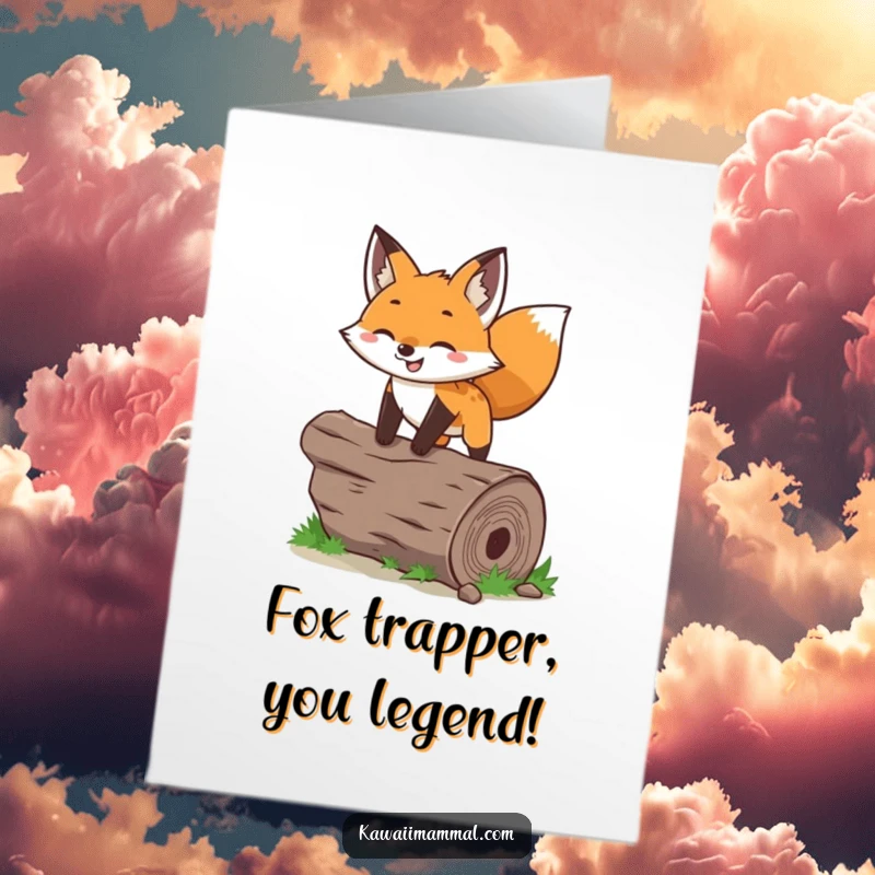 Funny Free Printable Birthday Card: Energetic fox leaping over a log with perked ears, ready to deliver birthday cheer.