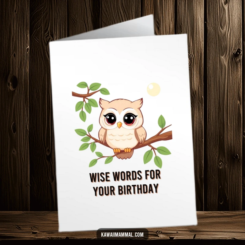 Funny Free Printable Birthday Card: A kawaii owl perched on a branch, watching with wide eyes, ready for birthday wishes.