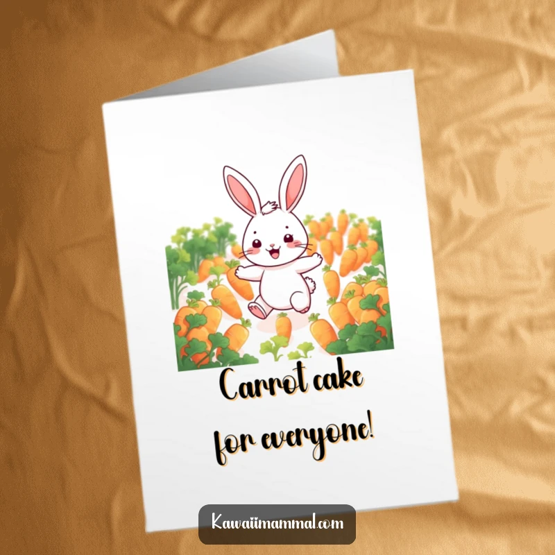 Funny Free Printable Birthday Card: Cheerful rabbit joyfully hopping through a field of glowing carrots, ready to celebrate.