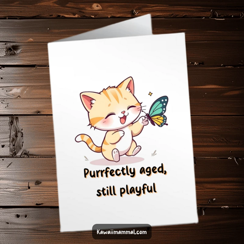 Funny Free Printable Birthday Card: An energetic cat playfully stalking a fluttering butterfly, ready for birthday mischief.