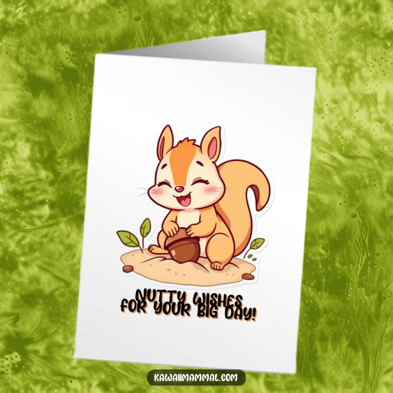Funny free printable birthday card featuring a giggling squirrel frantically burying an acorn with comical determination, ready to be printed.