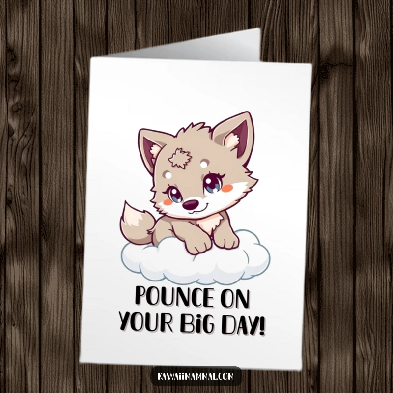 Funny Free Printable Birthday Card: A playful wolf cub with charming eyes, cautiously pouncing on a soft, fluffy cloud.