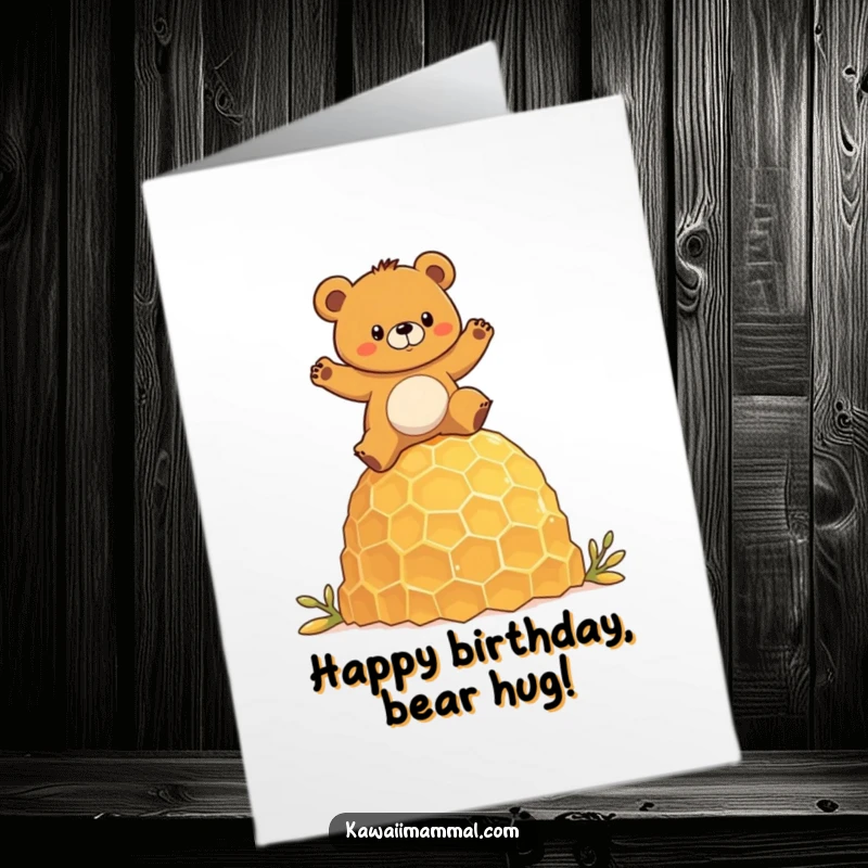 Funny Free Printable Birthday Card: Determined bear precariously balances on a giant honeycomb, ready for birthday fun.