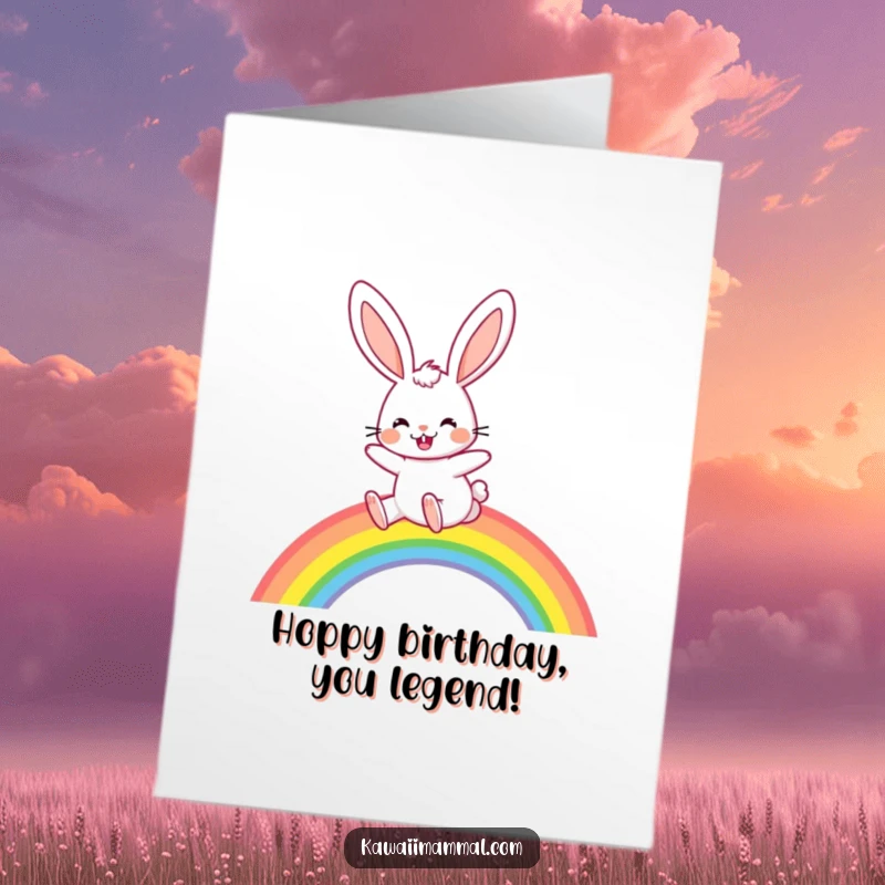 Funny Free Printable Birthday Card: Joyful rabbit with floppy ears enthusiastically hops over a vibrant rainbow. Cheerful celebration.