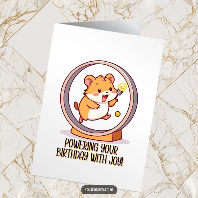 Funny Free Printable Birthday Card showing a happy hamster running on a wheel powering a light bulb, great for download.