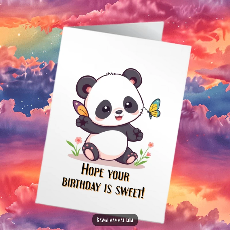 Funny Free Printable Birthday Card: A cute Kawaii panda playfully chasing a fluttering butterfly, inviting them to play tag.