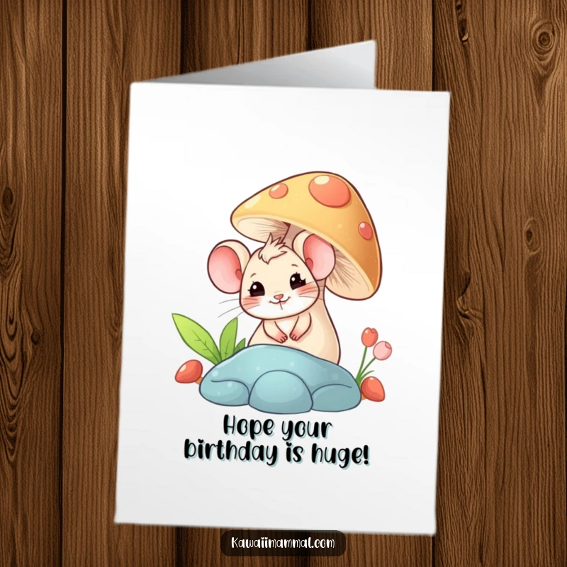 Funny Free Printable birthday card of a giggling mouse playfully peeking from behind a large, colorful mushroom.