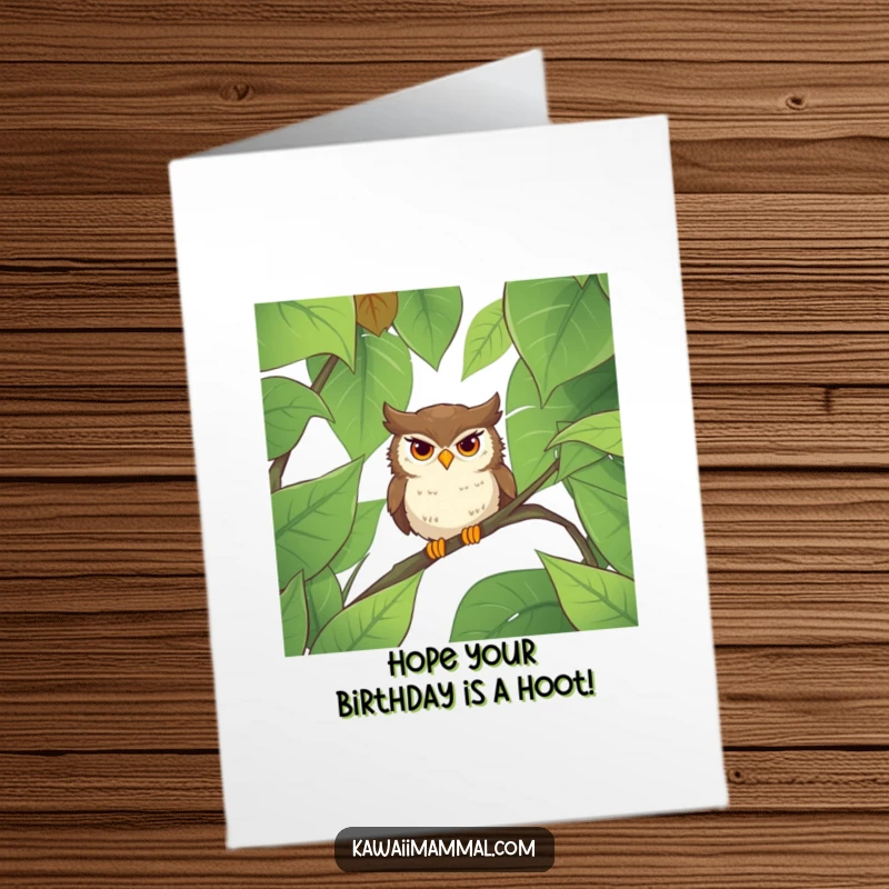 Funny free printable birthday card featuring a determined owl navigating a dense forest, a wise downloadable gift.