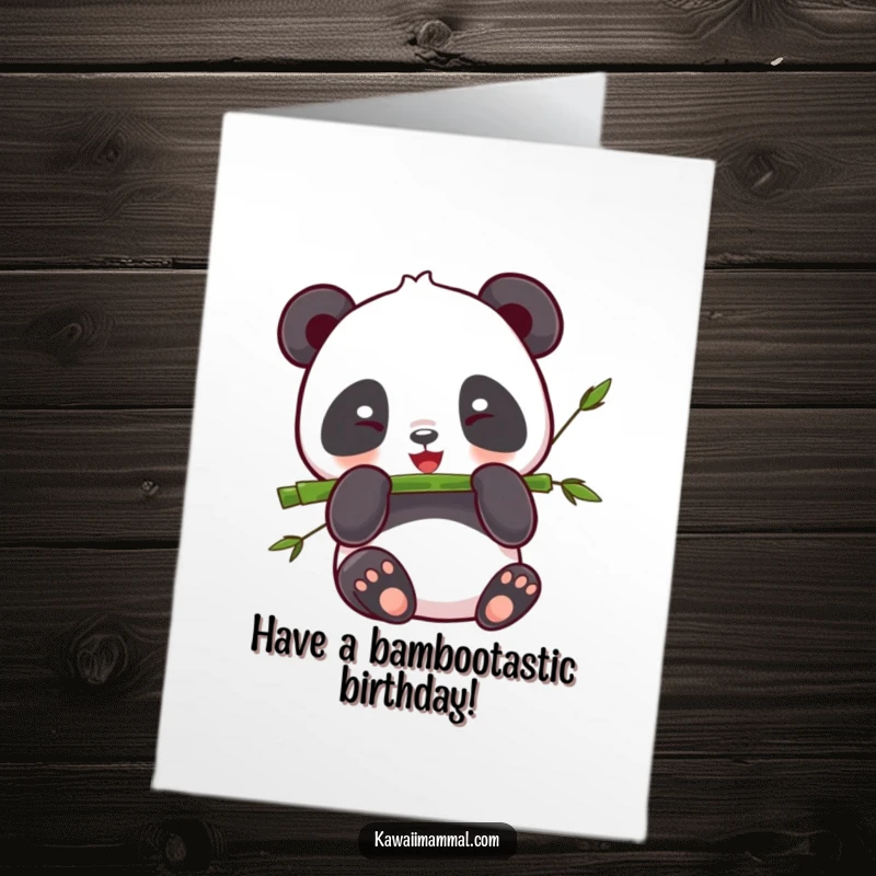 Funny Free Printable Birthday Card featuring a happy kawaii panda contentedly munching on a fresh bamboo stalk.