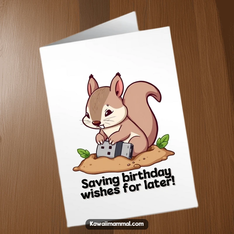 Funny Free Printable Birthday Card featuring a determined squirrel burying a USB drive like a nut, ready for download.