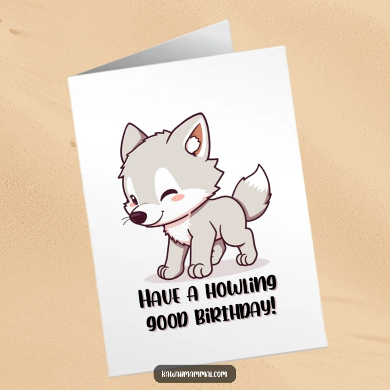 Funny Free Printable Birthday Card: A cute kawaii wolf pup hilariously chasing its own tail in playful circles.