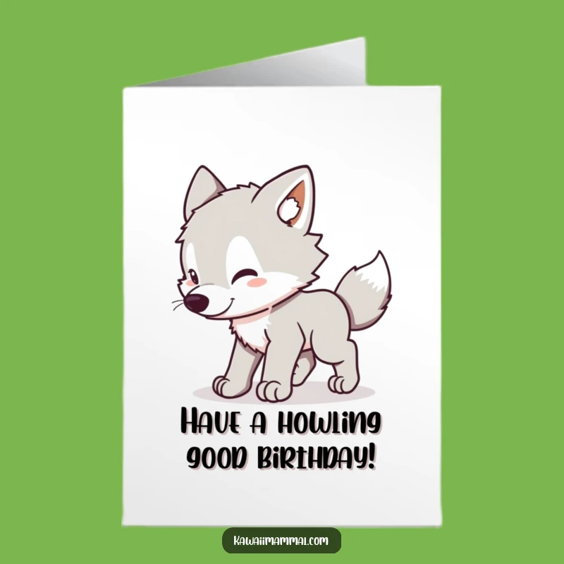 Free Printable Wolf Pup Birthday Card: Funny Chasing Tail Kawaii Downloadable Gift