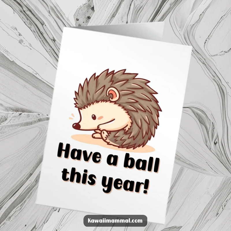 Funny Free Printable Birthday Card: Cute Kawaii hedgehog perfectly curled into a ball, happily rolling down a grassy hill.