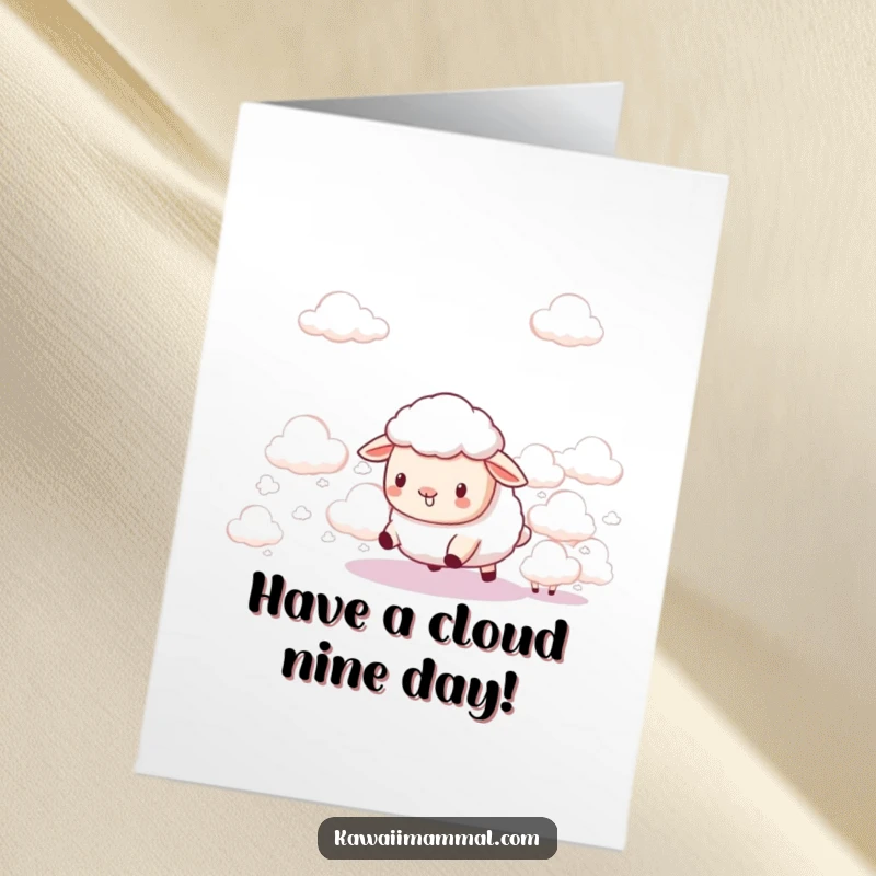 Funny Free Printable Birthday Card: A cute Kawaii sheep trying to playfully herd tiny, fluffy clouds, celebrating a birthday.