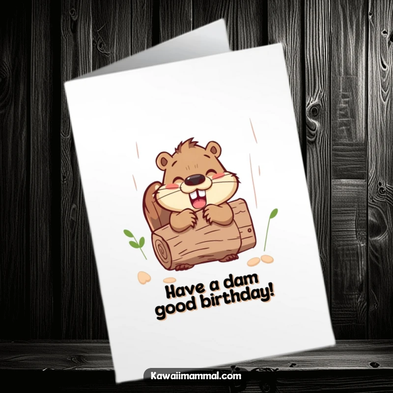 Funny Free Printable Birthday Card of a happy beaver energetically gnawing on a large log, wishing you the best.