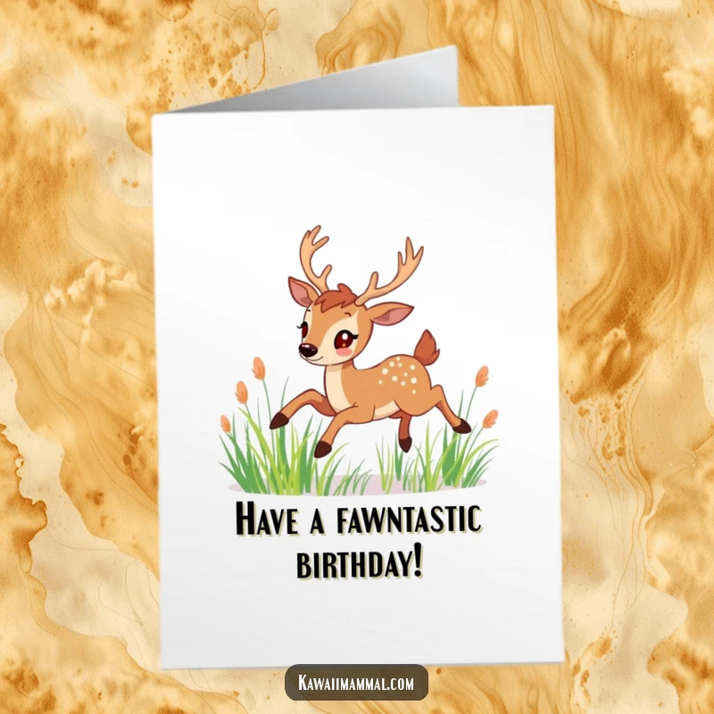 Funny Free Printable Birthday Card: Cheerful deer with elegant antlers leaps gracefully through tall grass. Serene nature scene.