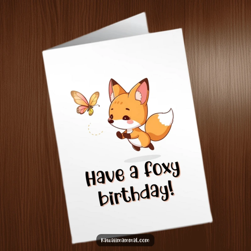 Funny Free Printable Birthday Card: Curious fox playfully chasing a fluttering, luminous butterfly, celebrating a special day.