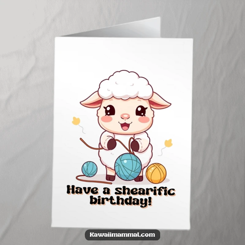 Funny Free Printable Birthday Card featuring a kawaii sheep character happily bleating while juggling colorful yarn balls with delight.