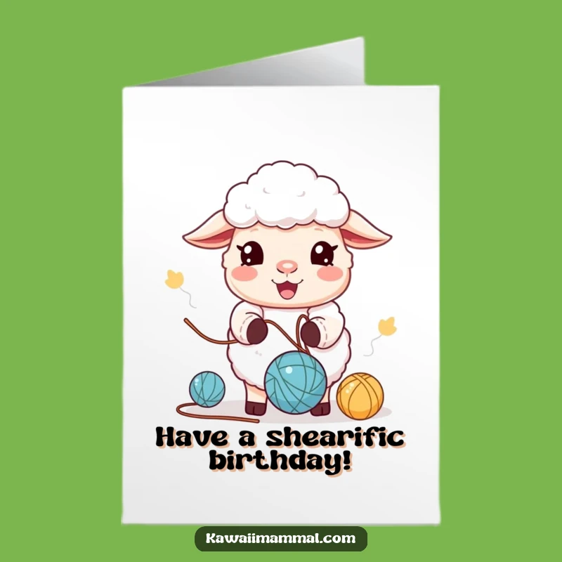 Free Printable Kawaii Sheep Birthday Card: Juggling Yarn Downloadable Gift for Fun