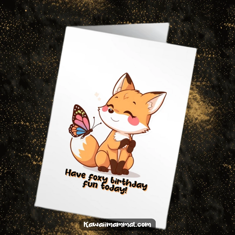 Funny Free Printable Birthday Card: A happy fox mid-pounce, playfully chasing a whimsical butterfly, perfect for a birthday wish.