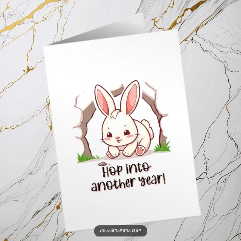 Funny Free Printable Birthday Card of a playful rabbit energetically digging a tunnel with its paws, celebrating you.