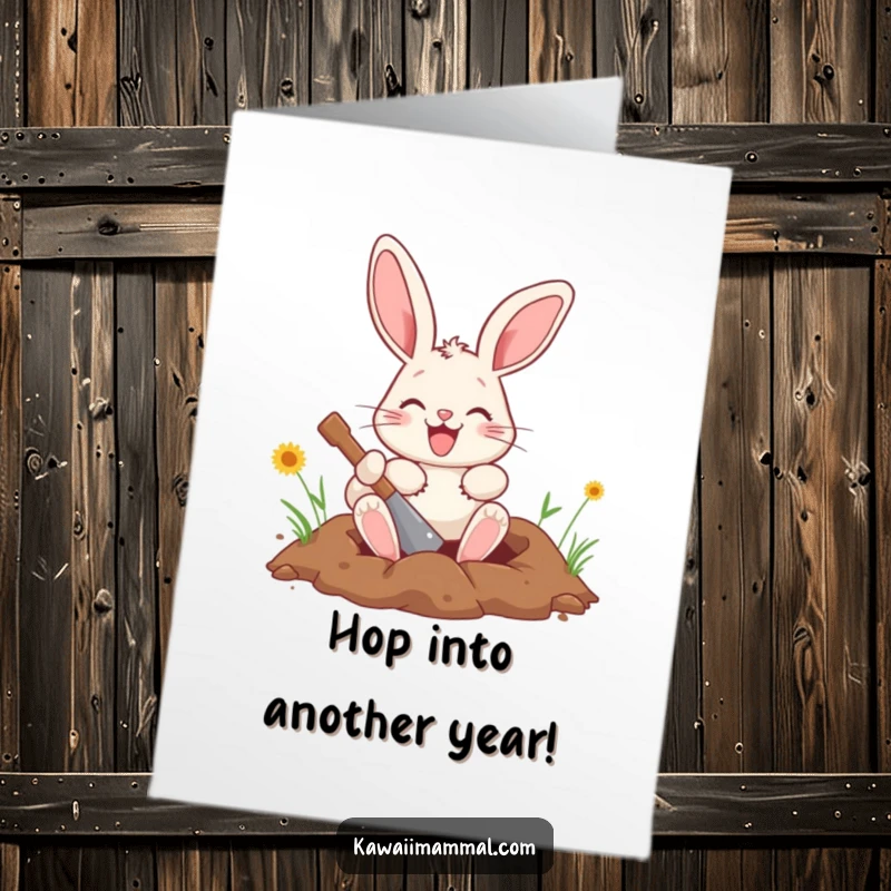 Funny Free Printable Birthday Card: A happy bunny enthusiastically digging a hole with its paws, ready to bury a surprise.